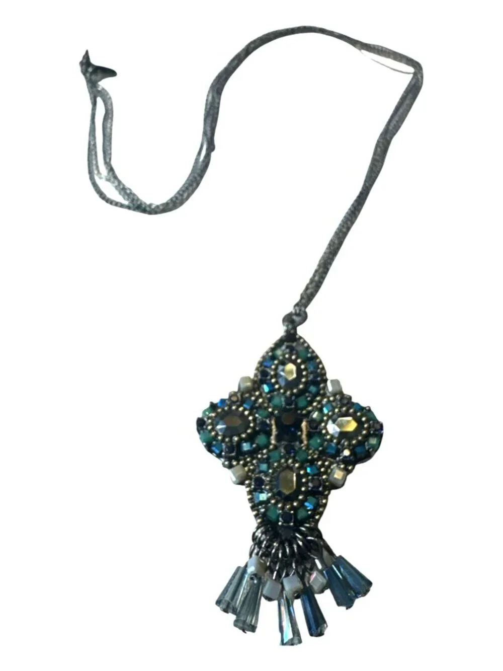 Vintage-Inspired Silver Necklace With Ornate Blue & Green Crystal Pendant